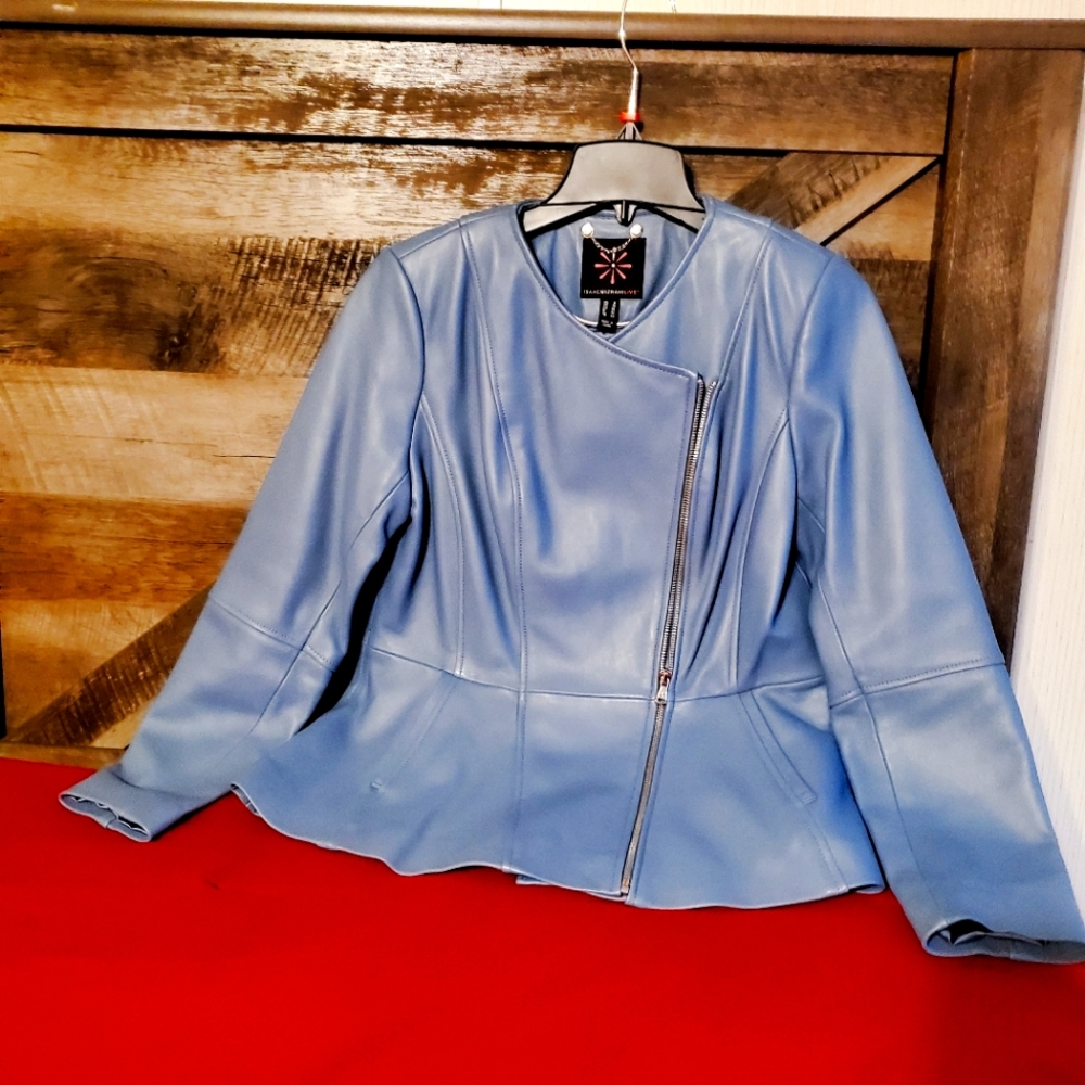 Soft blue leather coat by Isaac Mizrahi